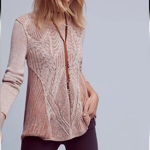 Anthropologie Moth Anita Swing Tunic Sweater Zip Back Pink Cream Linen Cotton SM